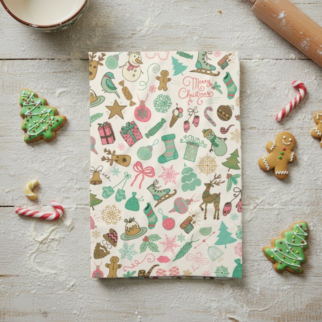 Retro Whimsical Doodles Christmas Kitchen Towel (Creator Uploaded)