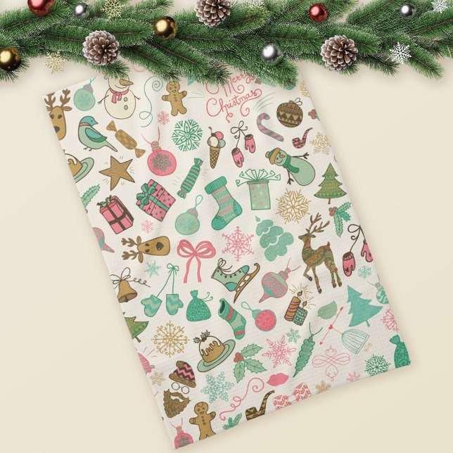 Retro Whimsical Doodles Christmas Kitchen Towel (Creator Uploaded)