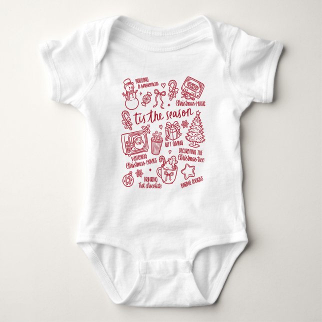  Retro Whimsical Festive Red Christmas Doodles Baby Bodysuit (Front)
