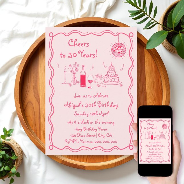 Retro whimsical hot pink scribble birthday invitation (Creator Uploaded)