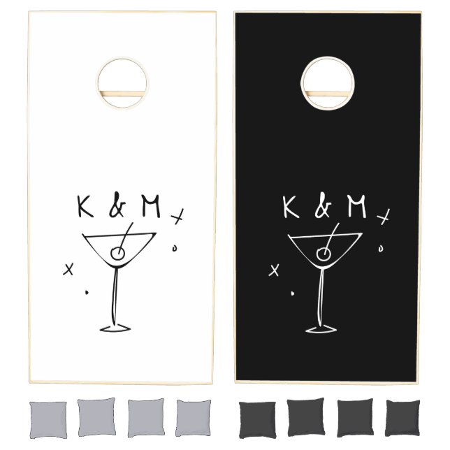 Retro Whimsical Martini Hand Drawn Custom Initials Cornhole Set (Set)