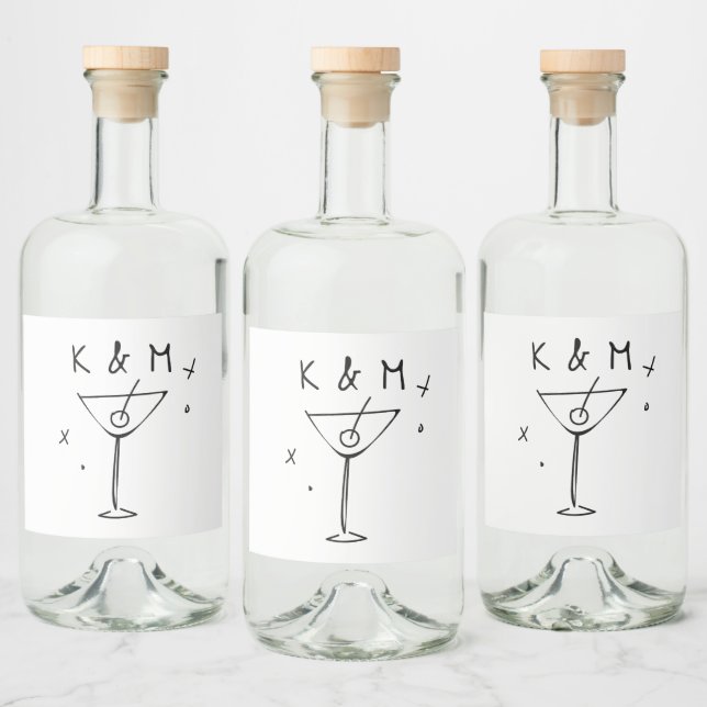 Retro Whimsical Martini Hand Drawn Custom Initials Liquor Bottle Label (Bottles)