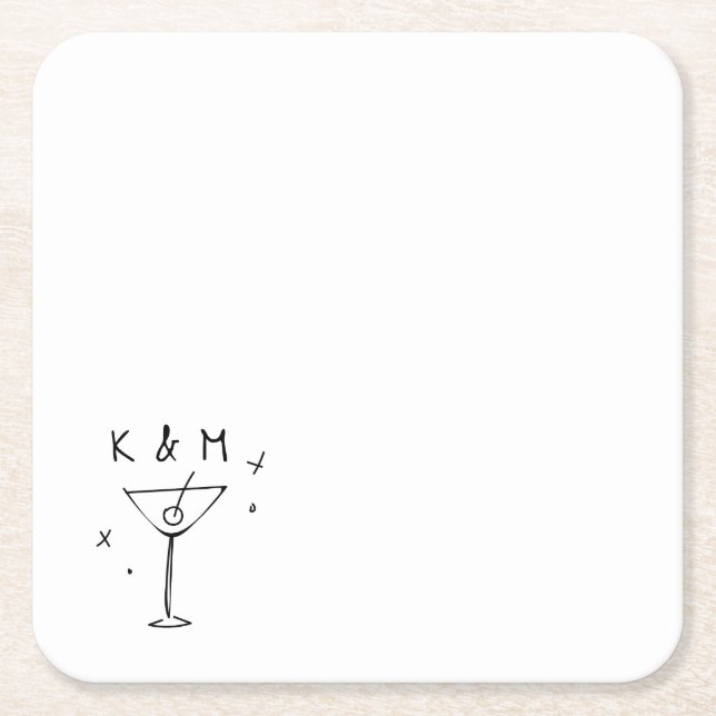 Retro Whimsical Martini Hand Drawn Custom Initials Square Paper Coaster (Front)