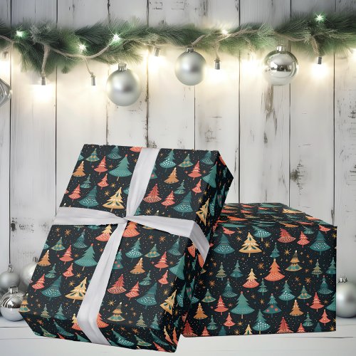 Retro Whimsical Modern Christmas Trees Wrapping Paper