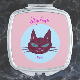 Retro Whimsical Pink and Blue Purring Cat Compact Mirror