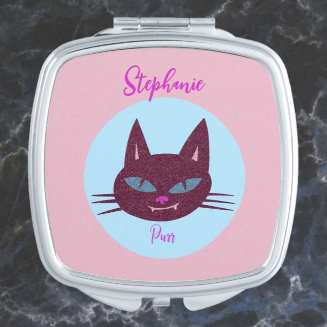 Retro Whimsical Pink and Blue Purring Cat Compact Mirror (Creator Uploaded)