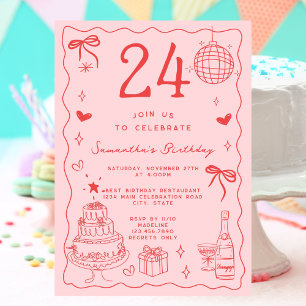 Retro Whimsical Quirky Red Pink 24th Birthday Invitation