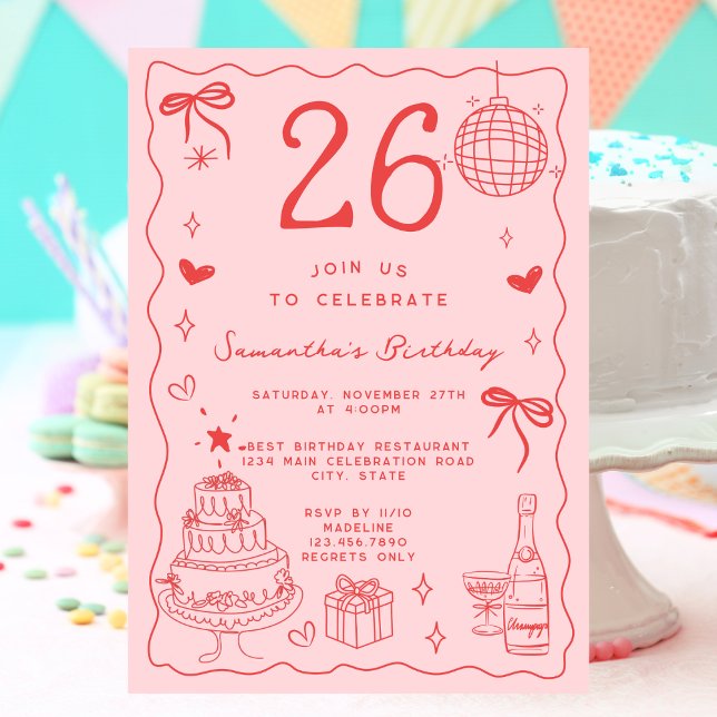 Retro Whimsical Quirky Red Pink 26th Birthday Invitation (Creator Uploaded)
