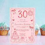Retro Whimsical Quirky Red Pink 30th Birthday Invitation<br><div class="desc">Celebrate her 30th birthday in style with this delightful retro red and pink invitation! Designed with a hand drawn vintage French aesthetic, this elegant invite features delicate squiggles, wavy borders, and detailed illustrations of a birthday cake and champagne toast. The personalized handwritten font adds a special touch, while the vintage-inspired...</div>