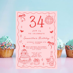 Retro Whimsical Quirky Red Pink 34th Birthday Invitation