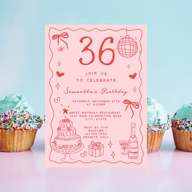 Retro Whimsical Quirky Red Pink 36th Birthday Invitation (Creator Uploaded)