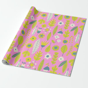 Retro Whimsical Scandinavian Folk Floral in Pink Wrapping Paper
