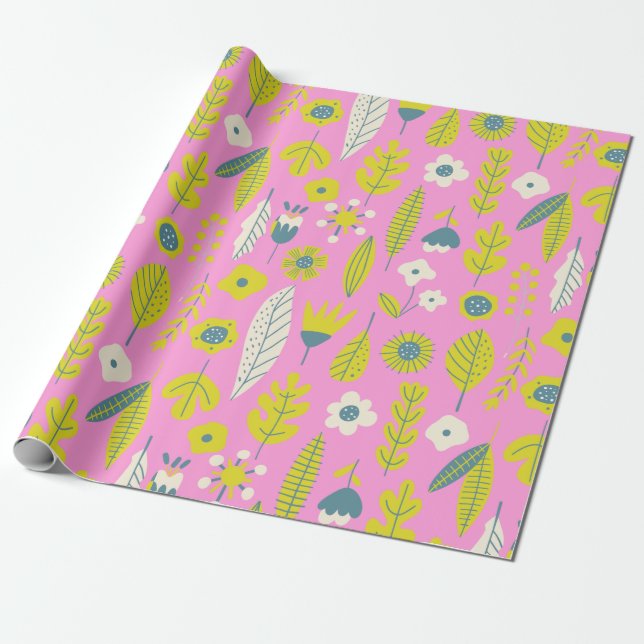 Retro Whimsical Scandinavian Folk Floral in Pink Wrapping Paper (Unrolled)