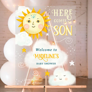 Retro whimsical Sun here comes the son baby shower Acrylic Sign