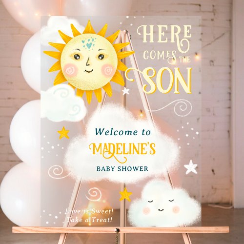 Retro whimsical Sun here comes the son baby shower Acrylic Sign