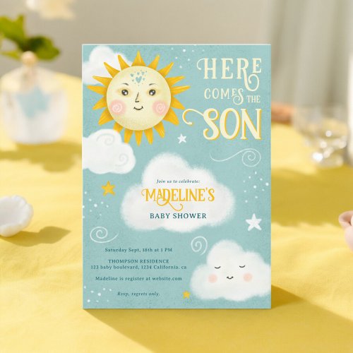 Retro whimsical Sun here comes the son baby shower Invitation