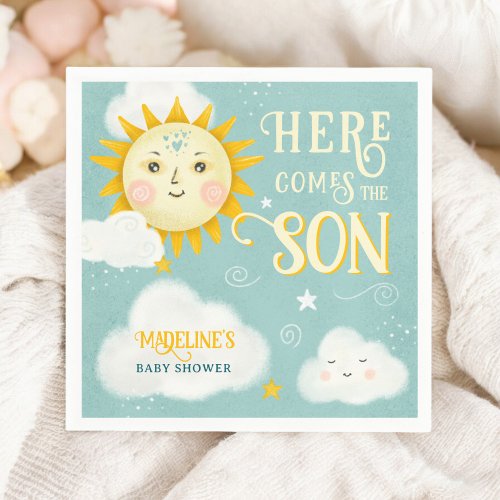 Retro whimsical Sun here comes the son baby shower Napkins