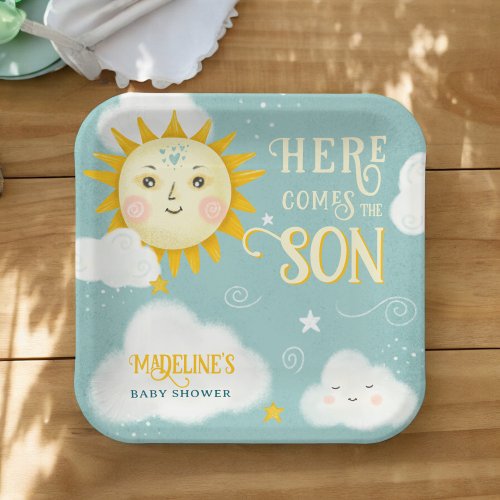 Retro whimsical Sun here comes the son baby shower Paper Plates