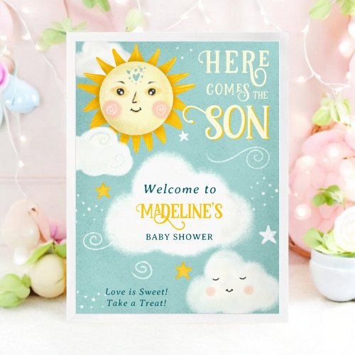 Retro whimsical Sun here comes the son baby shower Poster