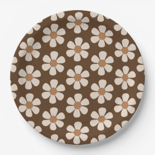 Retro White and Brown 60s Vintage Daisy Pattern Paper Plates