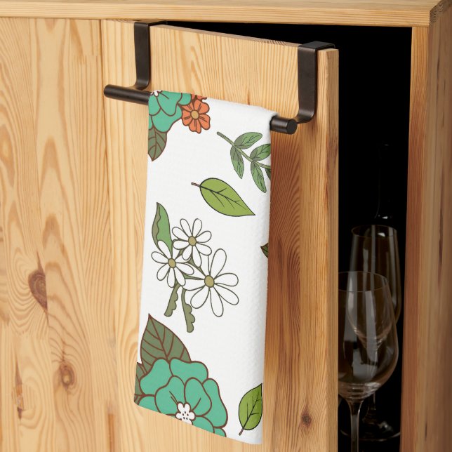 Retro White and Green Floral Kitchen Towel (Thirds Fold)