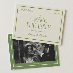 Retro White and Green Wedding Save the date Photo  Invitation