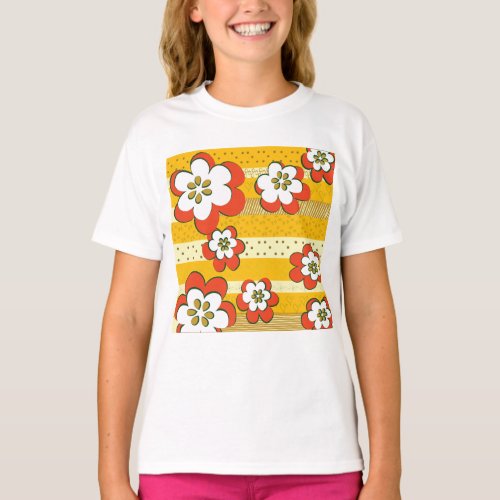 Retro White And Orange Flowers T_Shirt