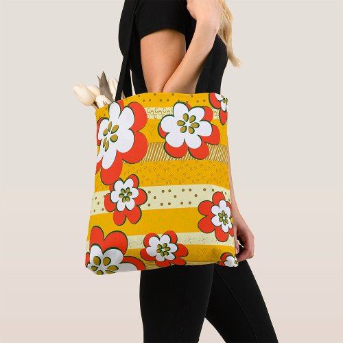 Retro White And Orange Flowers Tote Bag