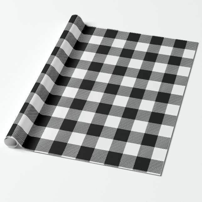 Retro White Black Christmas New Year Tartan Plaid Wrapping Paper (Unrolled)