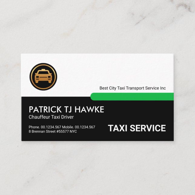 Retro White Black Layers Green Tab Taxi Driver Business Card (Front)