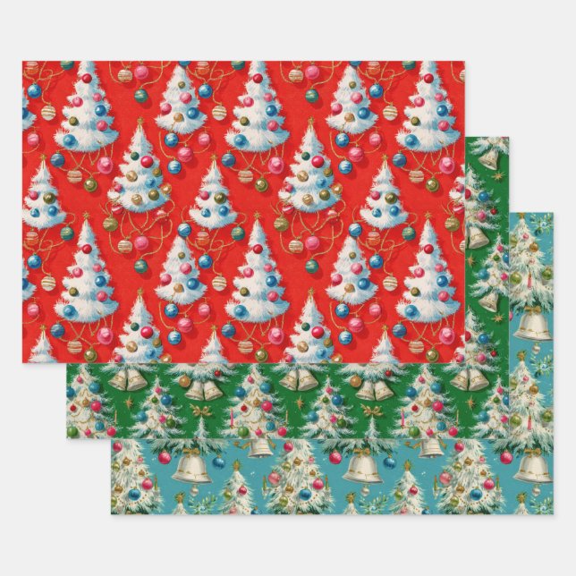 Retro White Christmas Tree Wrapping Paper Sheets (Set)
