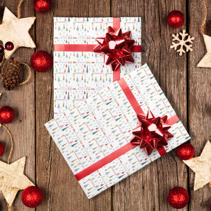 Retro White Colorful Oh Christmas Tree Holiday Wrapping Paper