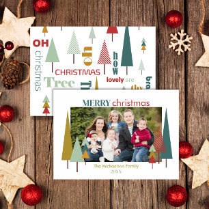 Retro White Colorful Oh Christmas Tree Photocard Invitation