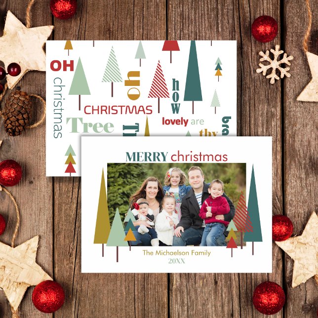 Retro White Colorful Oh Christmas Tree Photocard Invitation (Creator Uploaded)