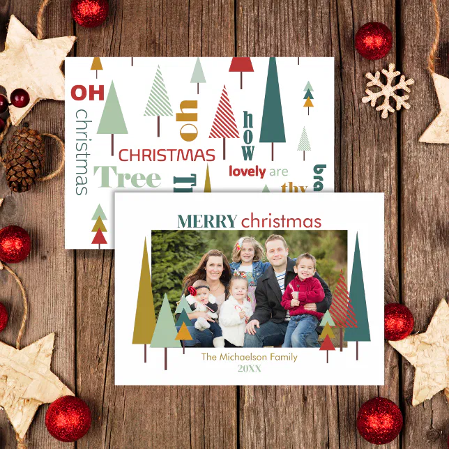 Retro White Colorful Oh Christmas Tree Photocard Invitation | Zazzle