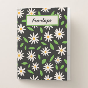 Retro White Daisies on Black custom name Pocket Folder