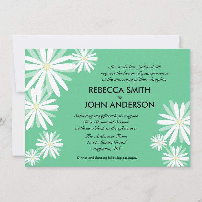 Retro White Daisies on Green Wedding Invitation (Front)
