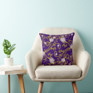 Retro White Daisy and Yellow Filigree Throw Pillow