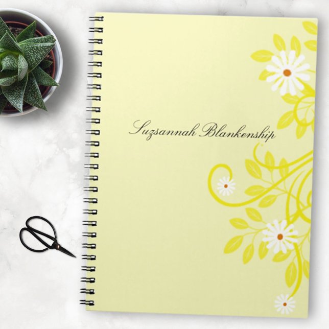 Retro White Daisy Yellow Leaf Border Personalized Notebook (Creator Uploaded)