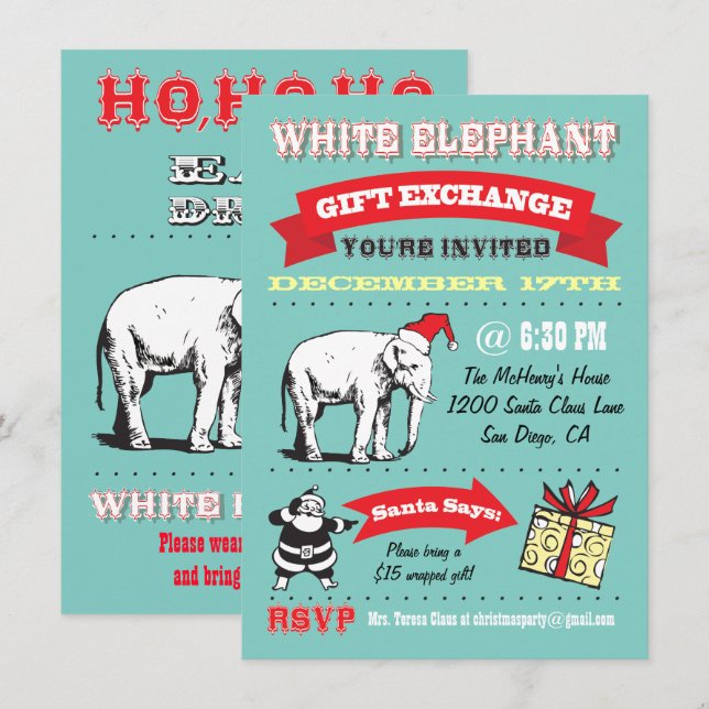 Retro White Elephant Christmas Party Invitations (Front/Back)