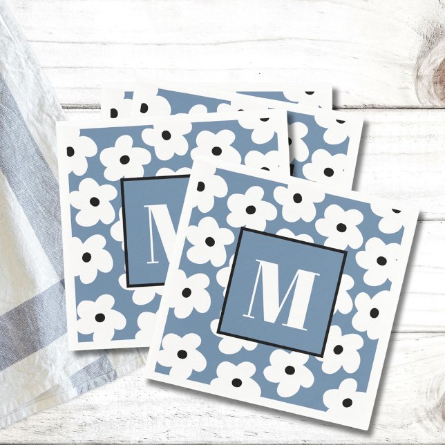 Retro White Flowers Custom Monogram Initial  Napkins (Creator Uploaded)