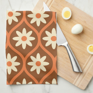 Retro White Flowers on Brown Mid Century Ogee  Kitchen Towel
