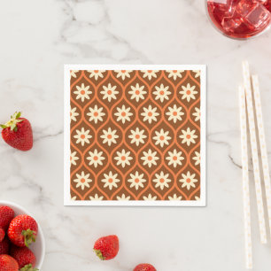 Retro White Flowers on Brown Vintage Ogee Napkins