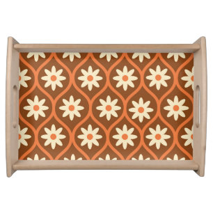 Retro White Flowers on Brown Vintage Ogee  Serving Tray