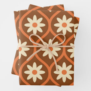 Retro White Flowers on Brown Vintage Ogee Wrapping Paper Sheets