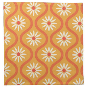 Retro White Flowers on Mid Century Orange Ogee  Cloth Napkin