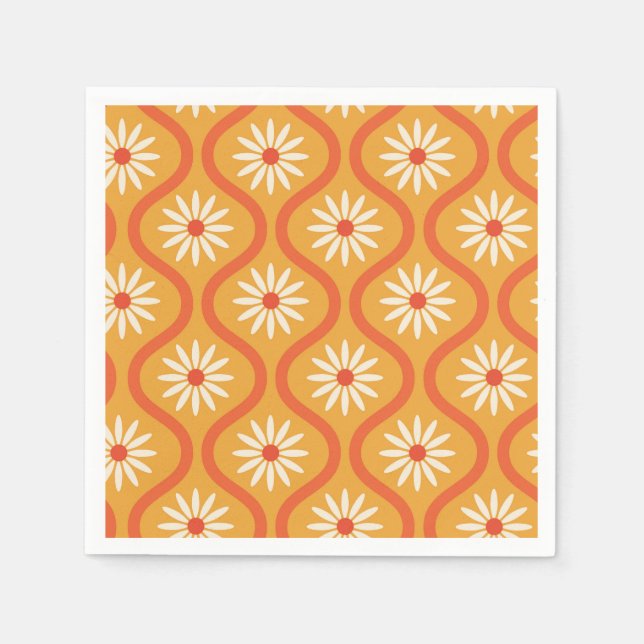 Retro White Flowers on Mid Century Orange Ogee  Napkins (Front)