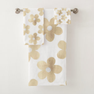 Retro White Gold Daisy Flowers Bath Towel Set