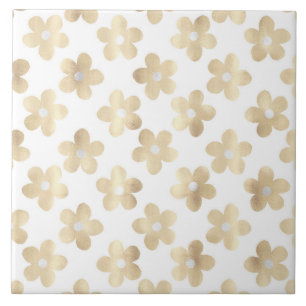 Retro White Gold Daisy Flowers Ceramic Tile