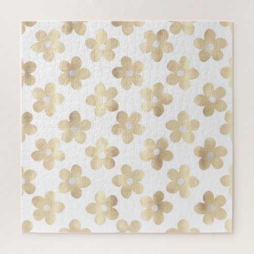 Retro White Gold Daisy Flowers Jigsaw Puzzle